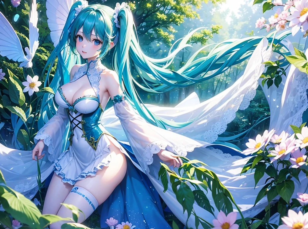 Full body description､Fantastic depiction、Hatsune Miku singing in a shining blue and green forest､The background is dotted with glowing mushrooms and glowing plants.、Soap bubbles are flying around Hatsune Miku､The costumes are designed with forest elements、The ground is accented with leaves and flowers.､The sunlight from the sky shines on her like a spotlight。Wearing a light blue dress､Anatomically correct body､((Large Breasts))､long slender legs､White skin､Hatsune Miku is reaching out to a little fairy flying in front of her､