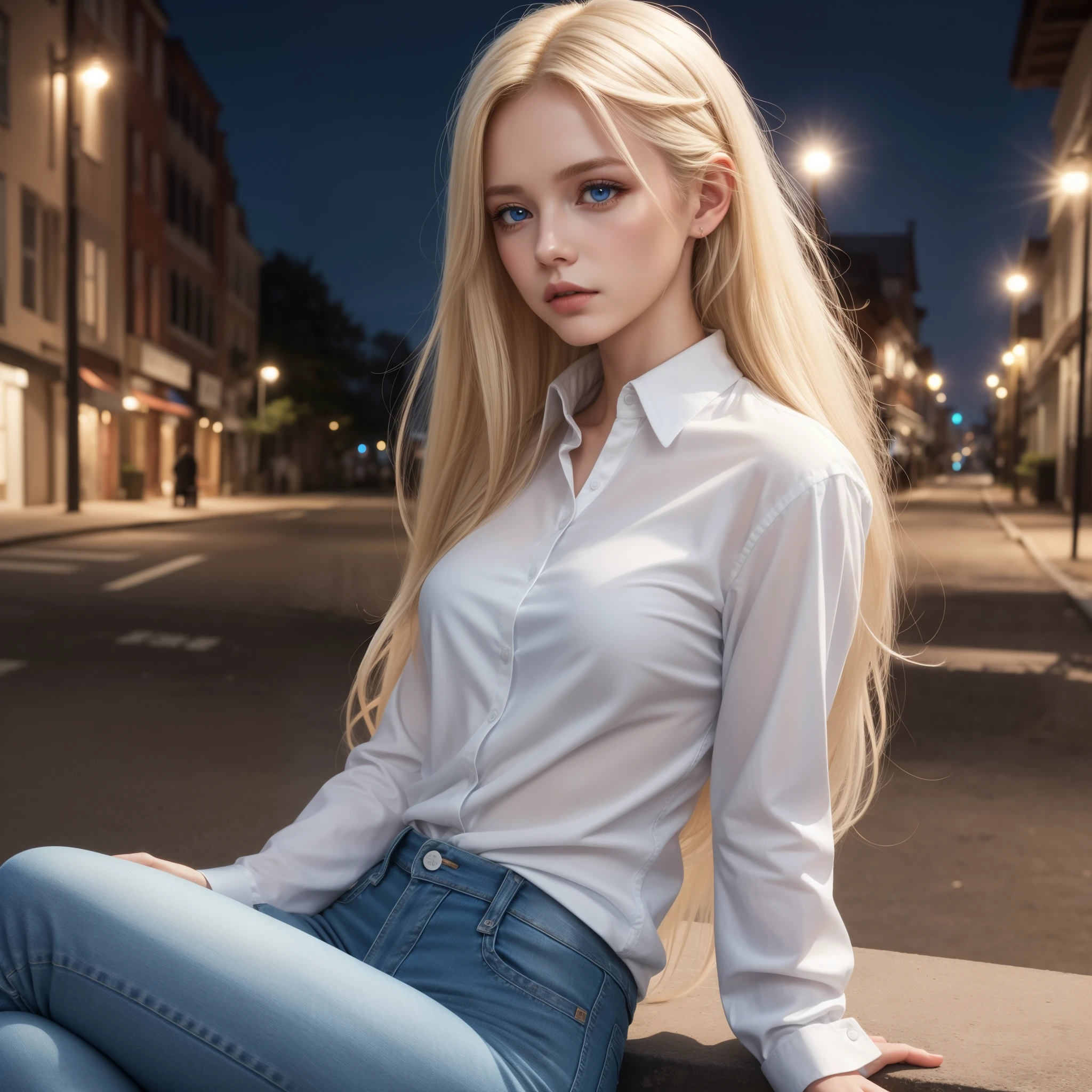 1 girl, denim, solo, white silk shirt, long sleeves, outdoors, pants, jeans, sitting, blonde hair, looking at viewer, realistic, ponytall, blue eyes, long hair, night, shirt tucked out, photo background, lips , t-shirt