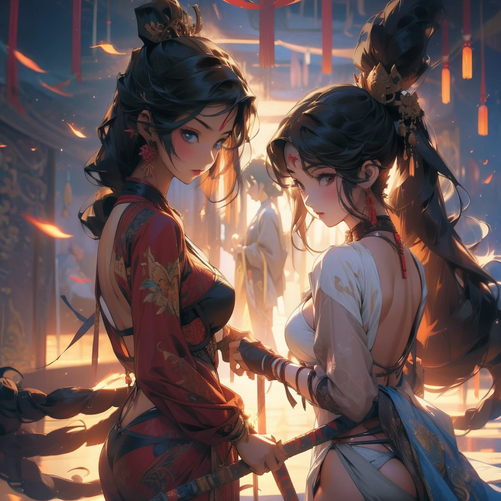 Two voluptuous anime girls with thongs fight with kali sticks