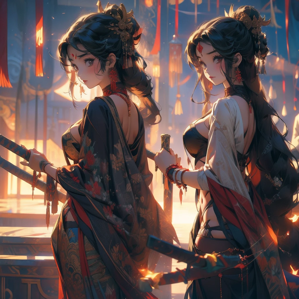 Two voluptuous anime girls with thongs fight with kali sticks