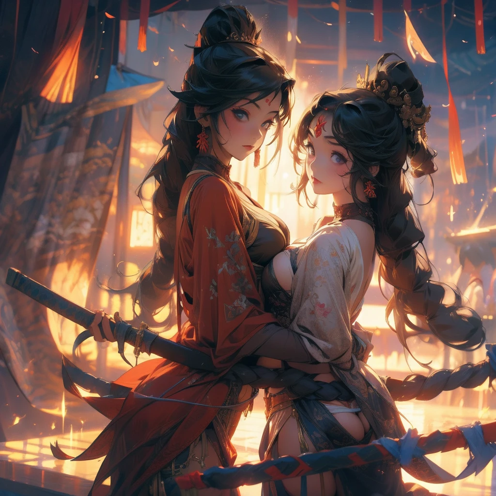 Two voluptuous anime girls with thongs fight with kali sticks 