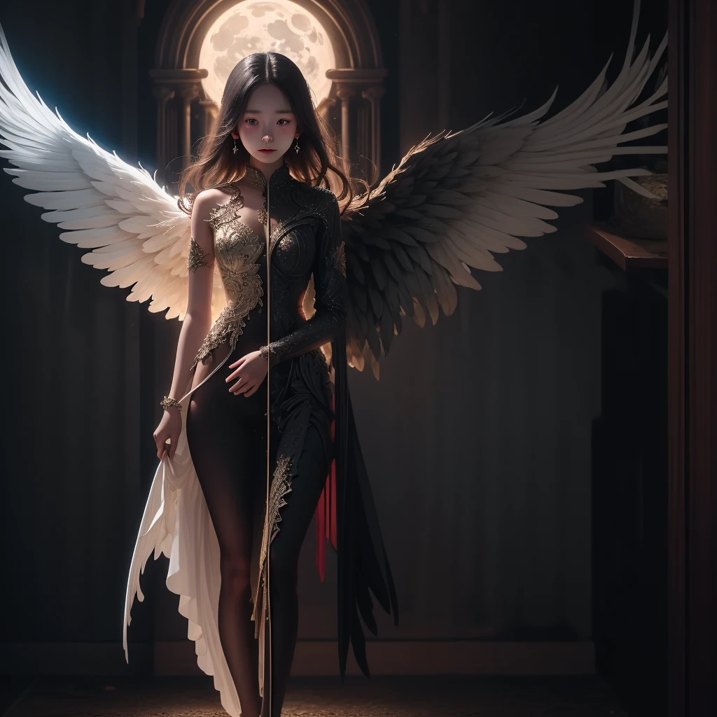 masterpiece,Highest quality,Very detailed,One girl,MD Symmetry,alone,whole body,(White Wings:1.2),(Black wings:1.2),night,moon,