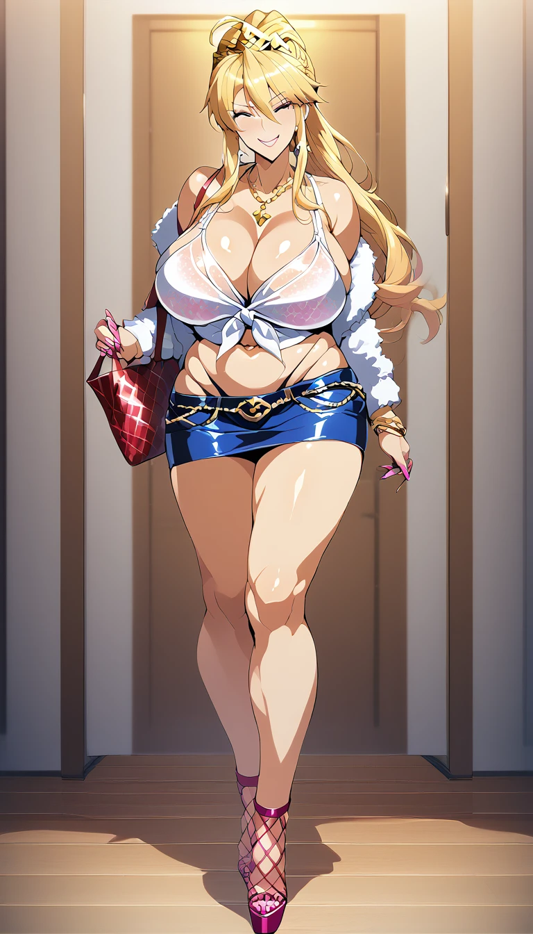 Score_9, score_8_up, score_7_up, score_6_up, source_anime, rating:general, 1girl, gyaru, slutty_clothes, white skin, standing, 1 girl, artoria pendragon, erotic, mature housewife, blonde, long hair, pony tail, tall and busty, arousal, condescending smile, lying down, sexy pose, full body, high quality, wallpaper 