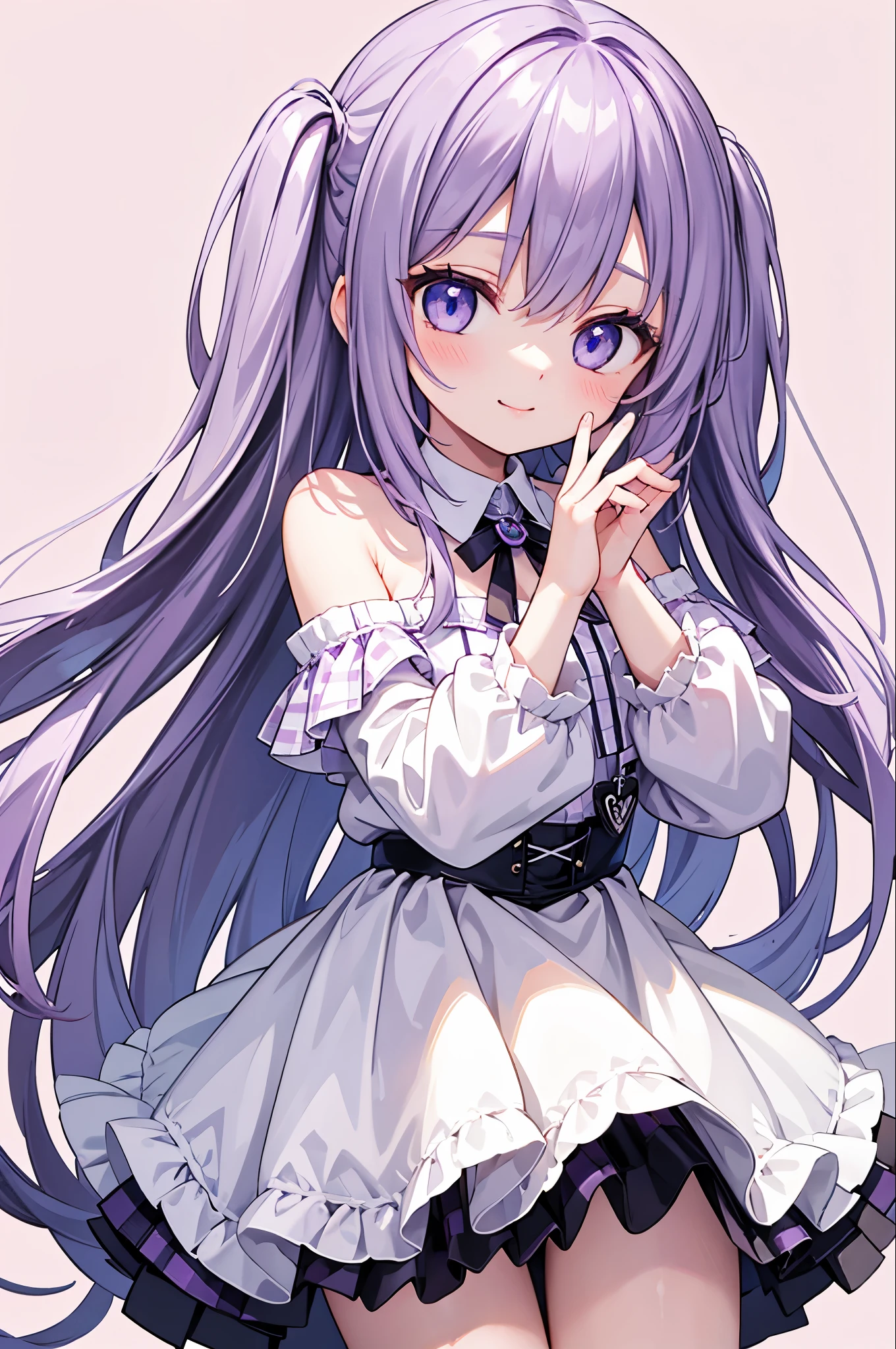 Highest quality,smile,woman,cute,Long Hair,Purple Hair,Light blue eyes,White off-the-shoulder tops,Checkered mini skirt,Pink background,Touching your face with your hands,
