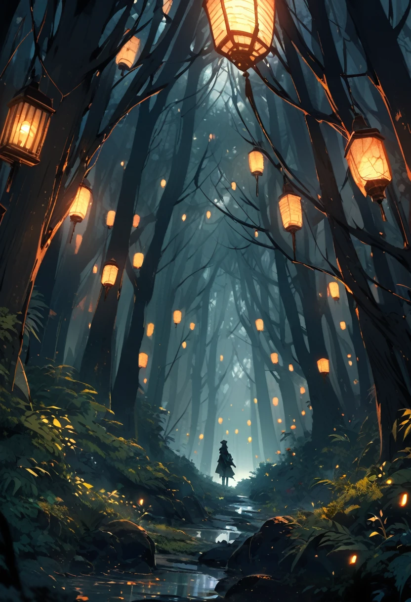 a dense and mysterious forest, with a lantern lighting the way