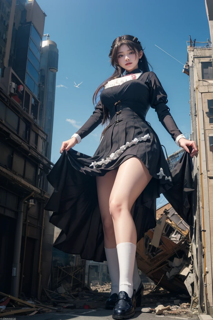 looking at the camera、(((Fisheye Lens)))、The building collapses、Urban hustle and bustle、Traffic jam、City of Rubble、street tree、high school girl、((((Azur Lane Cheshire))))、(((Maid clothes)))、(Super huge breasts)、(Plump thighs)、Ground View,City of Giants,500 foot tall giant girl,(((((超skyscraperの上に座る巨大な女の子、)))))、skyscraper,Has super long legs,Step into the crowd,There are many people on the street,((Knee-high socks))、loafers、,A happy look,Standing on the ruins,Beautiful appearance,Exquisite makeup,quality,8k,高quality,Perfect Proportions, Cinema Lighting,Film Grain,The Colors of Fuji,8k,Textured skin,Super Detail,High detail,high quality,High resolution,explode,False Smile,Show your pants