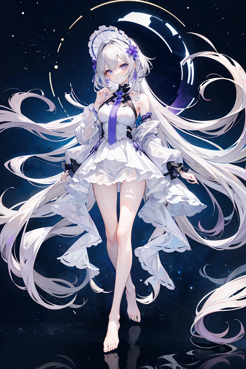 Lilac gradient hair,Asymmetrical hair,((Hair is very thick 1.8,Hair is well-defined1.6)), Hair over the shoulder, messy hair, Very long hair, shinny hair,(Long gray hair:1.2),A beautyful girl,(Luxury Platinum Mini Ultra Short Platinum Lolita,Made of transparent material),(Transparent clothes transparent 1.8),perfect body figure,big thin legs,slenderness,(looking sad,Haggard complexion ,grieves,close your mouth:1.2) Against the backdrop of an unusually bright dark starry sky,(Place your hands behind your back),(Round,tuba, firm breast),Barefoot,afloat,waterface,(long leges,long leges,long leges,Perfect leg shape),Full body photo。