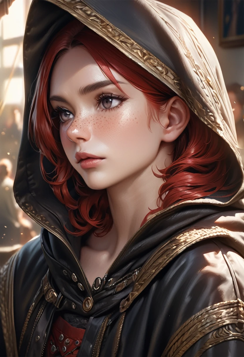 A detailed, realistic oil painting portrait of a 20-year-old princess from the UK, with vibrant appearance, black eyes, short red hair, wearing Ezio Auditore's black hooded cloak with red accents, freckles covering 10% of her cheekbones, flawless facial features, focus on the subject with a blurred background, warm lighting, additional details on the clothing, (best quality,4k,8k,highres,masterpiece:1.2),ultra-detailed,(realistic,photorealistic,photo-realistic:1.37),HDR,UHD,studio lighting,ultra-fine painting,sharp focus,physically-based rendering,extreme detail description,professional,vivid colors,bokeh,portraits