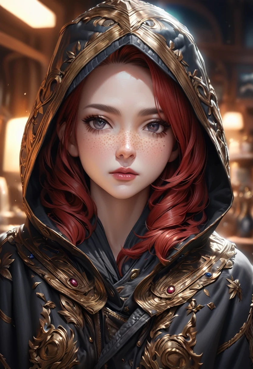 A detailed, realistic oil painting portrait of a 20-year-old princess from the UK, with vibrant appearance, black eyes, short red hair, wearing Ezio Auditore's black hooded cloak with red accents, freckles covering 10% of her cheekbones, flawless facial features, focus on the subject with a blurred background, warm lighting, additional details on the clothing, (best quality,4k,8k,highres,masterpiece:1.2),ultra-detailed,(realistic,photorealistic,photo-realistic:1.37),HDR,UHD,studio lighting,ultra-fine painting,sharp focus,physically-based rendering,extreme detail description,professional,vivid colors,bokeh,portraits