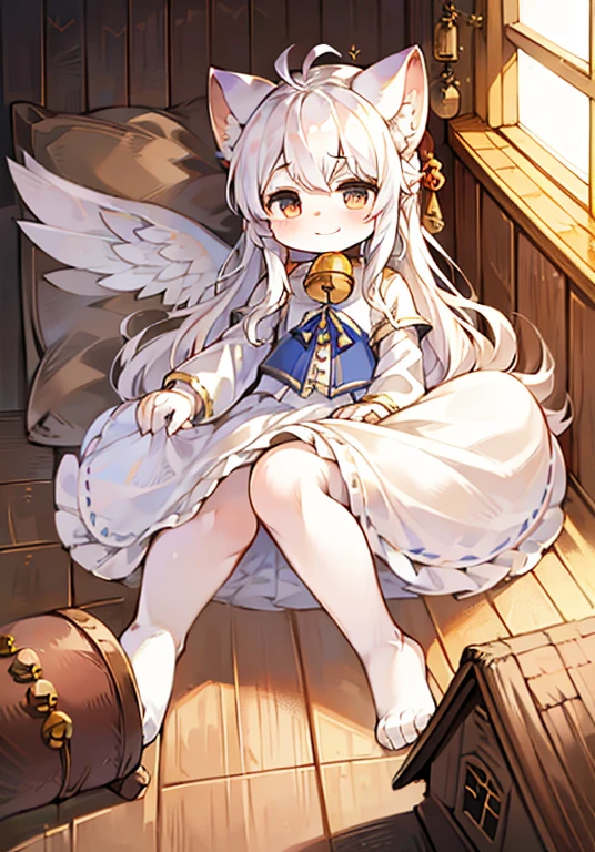 Wooden house，Long hair，White hair，ahoge，Has a pair of white wings，Bell，hairy，Cat ears，Smile，No spots，Cub，Cat ears、Cat type，Big fluffy tail，masterpiece，High-quality portraits，doll，Cub、Angel Girl、wind，White coat，White long skirt，Super cute face