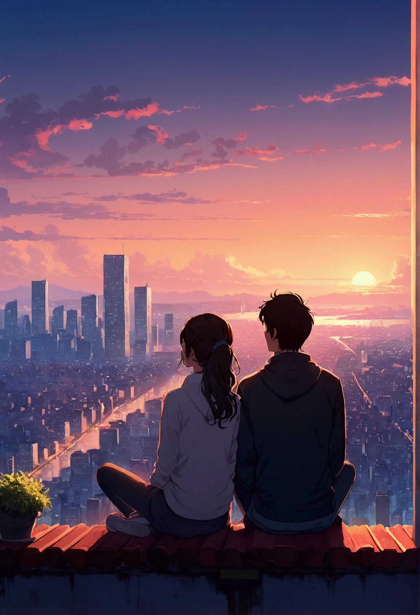 Couple looking at the city from a hill, Digital Art by Alena Aenami, tumbler, Digital Art, Lo-fi art style, 4KAnime Wallpaper, Sit on the roof, Anime Wallpaper4k, Anime Wallpaper 4k, Anime Aesthetics, anime art wallpaper 4k, Lo-fi feeling, anime art wallpaper 4k, Anime Wallpaper