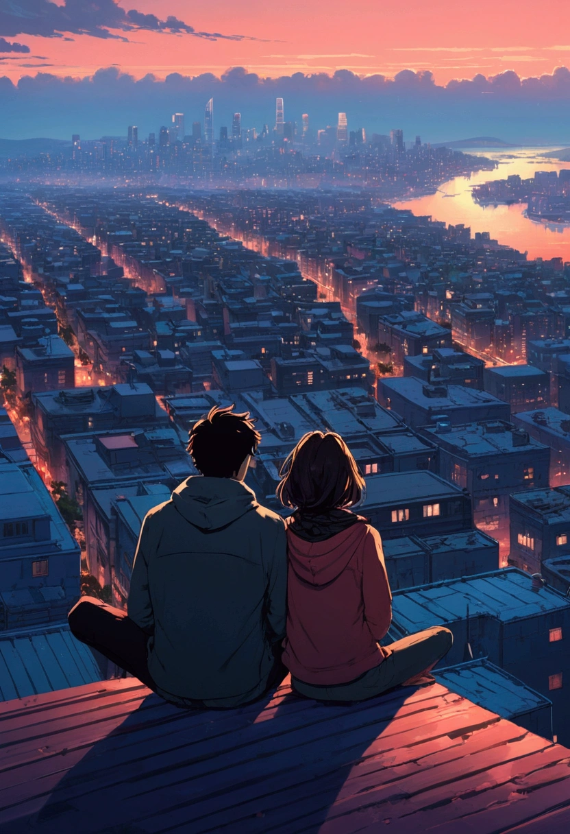 Couple looking at the city from a hill, Digital Art by Alena Aenami, tumbler, Digital Art, Lo-fi art style, 4KAnime Wallpaper, Sit on the roof, Anime Wallpaper4k, Anime Wallpaper 4k, Anime Aesthetics, anime art wallpaper 4k, Lo-fi feeling, anime art wallpaper 4k, Anime Wallpaper