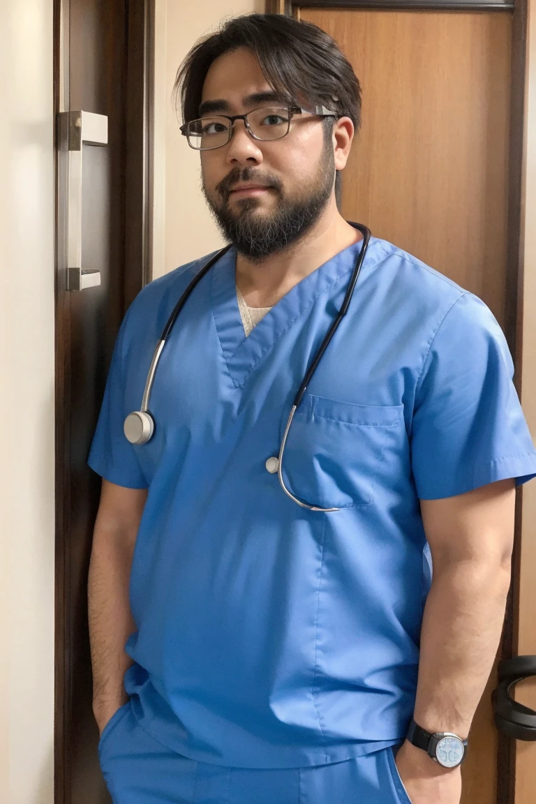 male, alone, ((Yossan)), beard, Glasses, Are fat, (male性看護師), Short sleeve, (Medical scrub), Pastel Blue Club, Stylish scrubs, pastel blue outfit, Photo Name Plate, Stethoscope, hospital, Professional Attitude, The subtle lighting is subdued, Smart Watches,