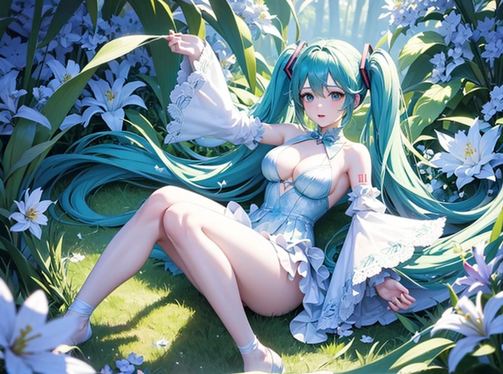 Hatsune Miku Style Real,((( Underwear is visible from under the skirt)))、Sheer 、Sheer pubic hair、teats、pubick hair、An ultra-fine illustrations, superfine illustration, 3D, full_Body, from a_Below, Thick_thighs thighs thighs thighs, Spread_Legs, Sweat, girl,Woman, 年轻,20 years old, Very long hair, Wavy Hair, Bangs, long bangs between eyes, Twin-tailed, side locks, Green hair, multicolored hair, messy long hair, Authentic and detailed face, ^_^, complex details beautiful and delicate eyes, Human Hands, Medium_breasts, , Green eyes, Wet skin, {Sailor Suit}, pleats_Skirt, Skindentation, Crop_Top, Bare_Legs, Black clothes, Beautiful and delicate purple light water surface, Outdoors, intricate light, Diffraction spikes, very fine 8K CG wallpaper, very fine 8KCG wallpaper, Hyper Detailed