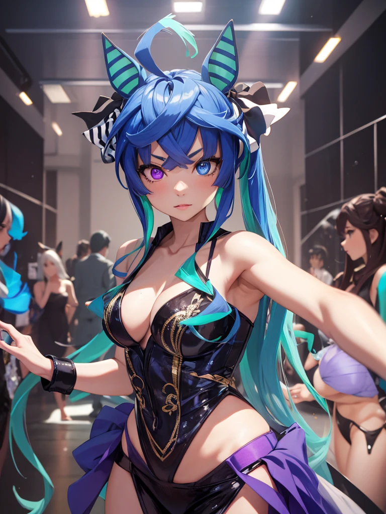 A photobook featuring a highly popular "onadoru" (adult idol). The image should depict the idol in glamorous and provocative poses, with a confident and alluring expression. The background can include luxurious settings or simple studio backdrops, focusing on the idol's appeal and charisma, Twin_Turbo_Umamusume, aqua hair, twintails, heterochromia, purple eyes, blue eyes, horse tail