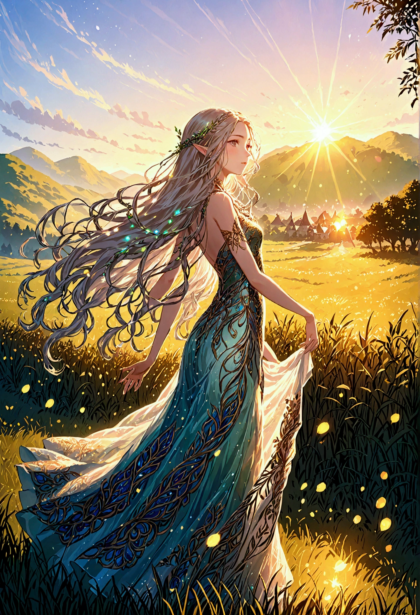 An elegant elf girl standing on the grassland, A delicate face illuminated by the soft light of the setting sun. Her long, Flowing hair running down her back, Decorated with intricate braids、Adorned with sparkling jewels. This stunning photo is、、、It captures the mysterious beauty of elves.. Slender figure in silk dress、Swaying in the soft grassland breeze. Attention to detail、Face、This is evident in the intricate pattern of the dress and the subtle highlights of the light.. skin. The breathtaking depiction of the elven girl、、Create an enchanting atmosphere、Invite the viewer into a magical world.