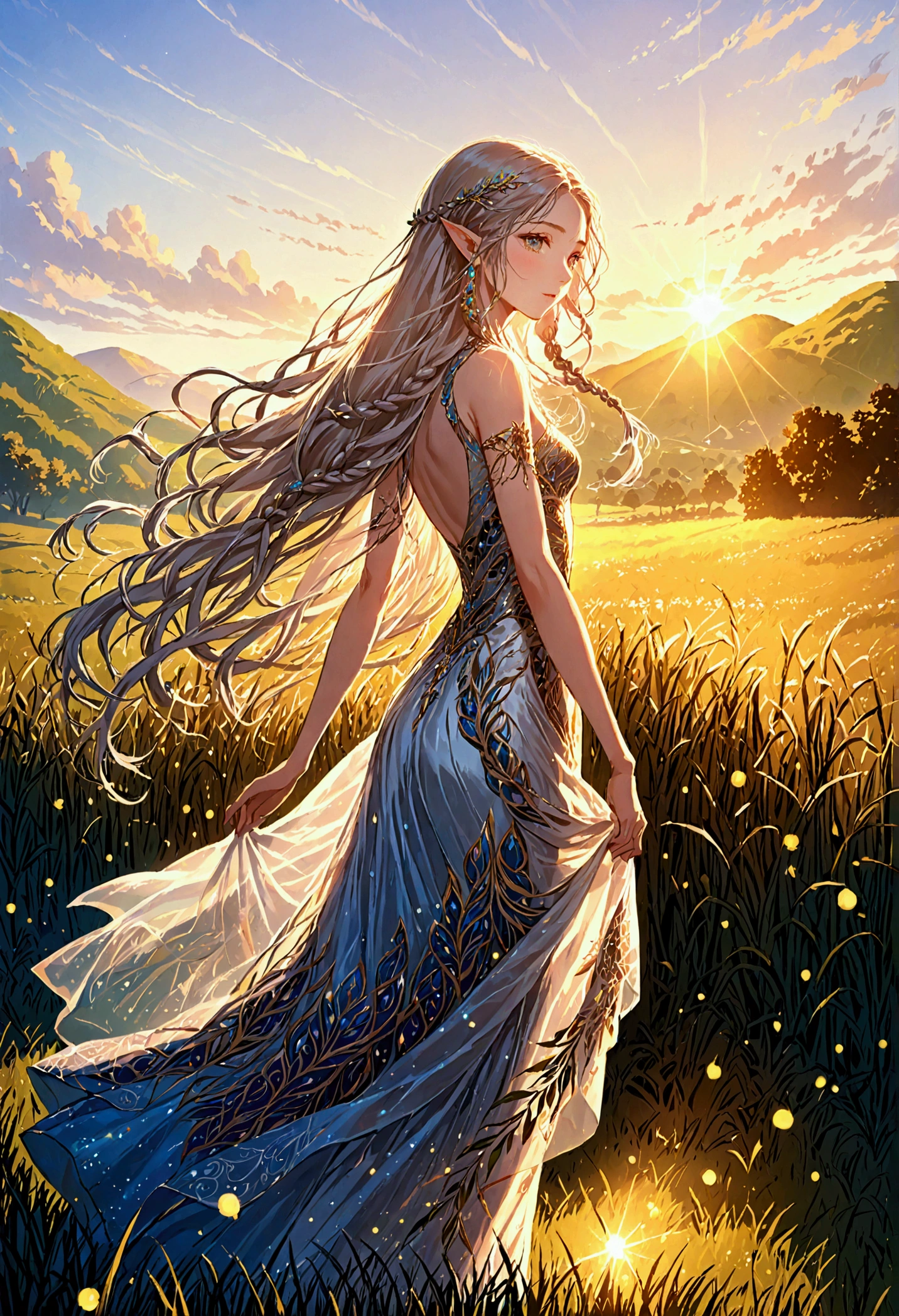 An elegant elf girl standing on the grassland, A delicate face illuminated by the soft light of the setting sun. Her long, Flowing hair running down her back, Decorated with intricate braids、Adorned with sparkling jewels. This stunning photo is、、、It captures the mysterious beauty of elves.. Slender figure in silk dress、Swaying in the soft grassland breeze. Attention to detail、Face、This is evident in the intricate pattern of the dress and the subtle highlights of the light.. skin. The breathtaking depiction of the elven girl、、Create an enchanting atmosphere、Invite the viewer into a magical world.