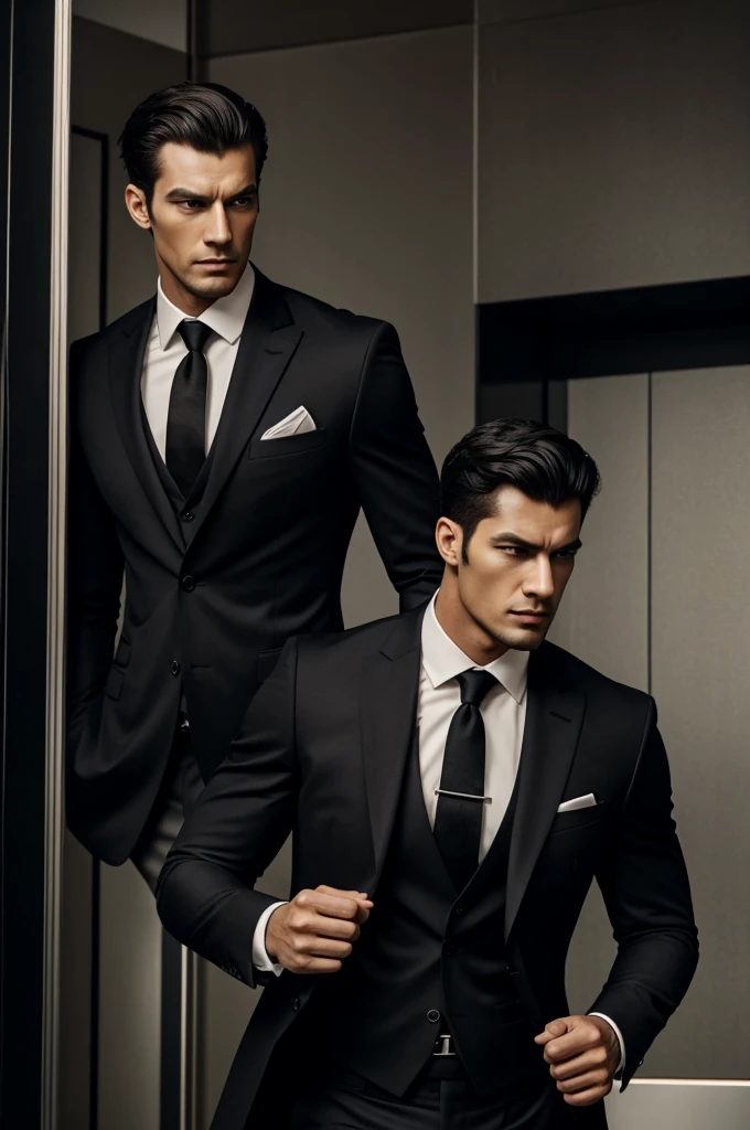 Tall Man, muscular, black peo, dark eyes, serious and domineering dressed in a suit