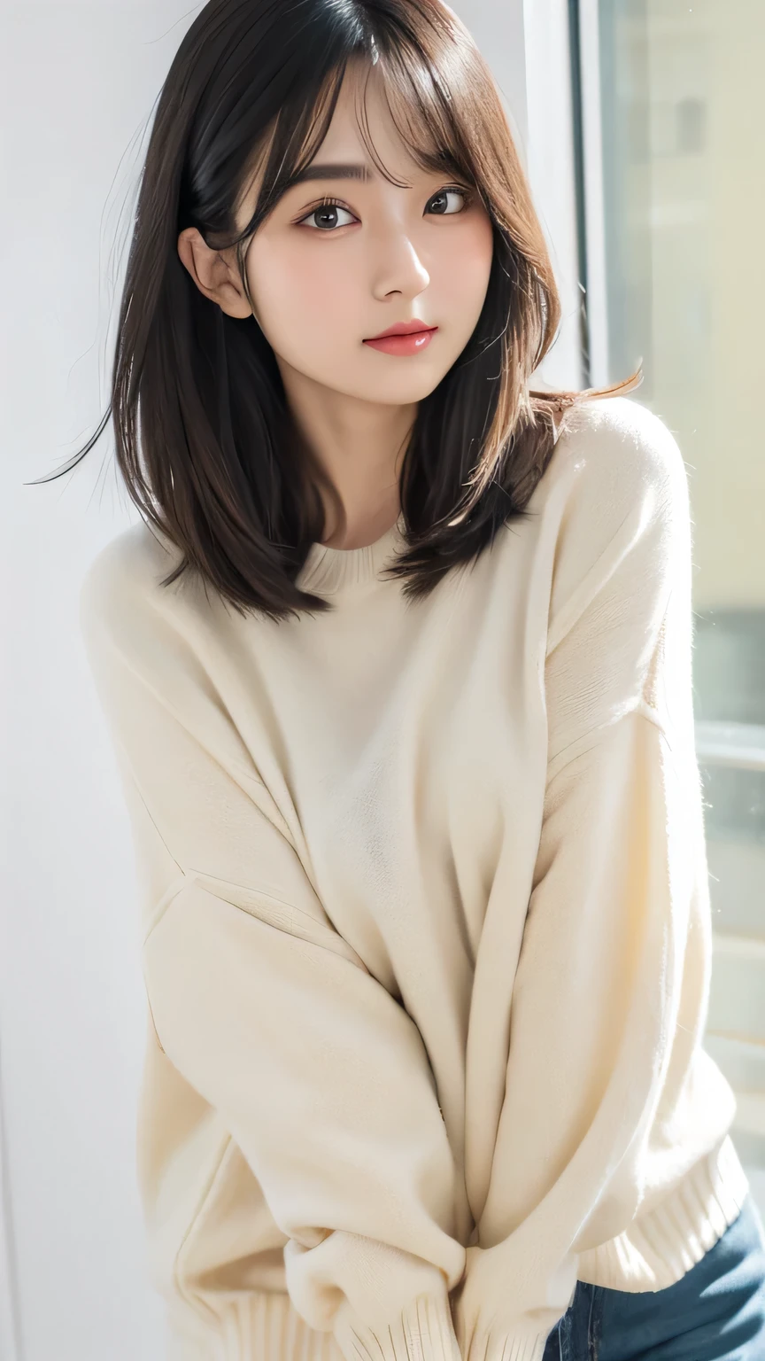 Fat around the face and stomach、whole body、A fun pose、(Highest quality, 8k, 32K, masterpiece, Ultra-high resolution: 1.2), Cute Japanese Women Photos, Very short bob hair, (Extra Large_sweater,:1.1), Simple Background, Leaning forward,