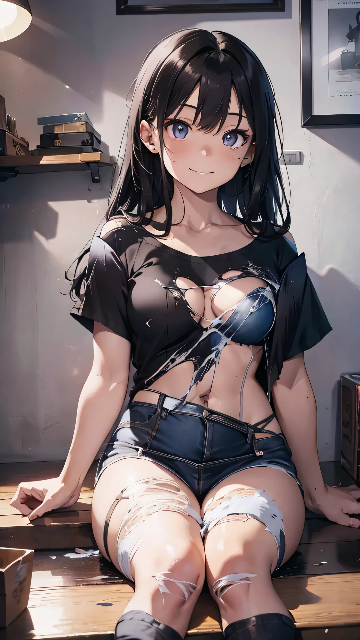 最high quality、Best image quality、masterpiece、age Girl((18-year-old、 By becoming、Best Bust、Medium Bust,Tea that opened my chest wide、black eye, Black Hair、Long Hair、thin,Highest valley、Torn black t-shirt(2:3)、Cute Smile,Torn trousers(2:3)、Service shot)),high quality、Beautiful art、background((studio、White wall、tv set、)),Flying debris、Written boundary depth、movie、Visual Arts、Perfect art、8k,Genuine