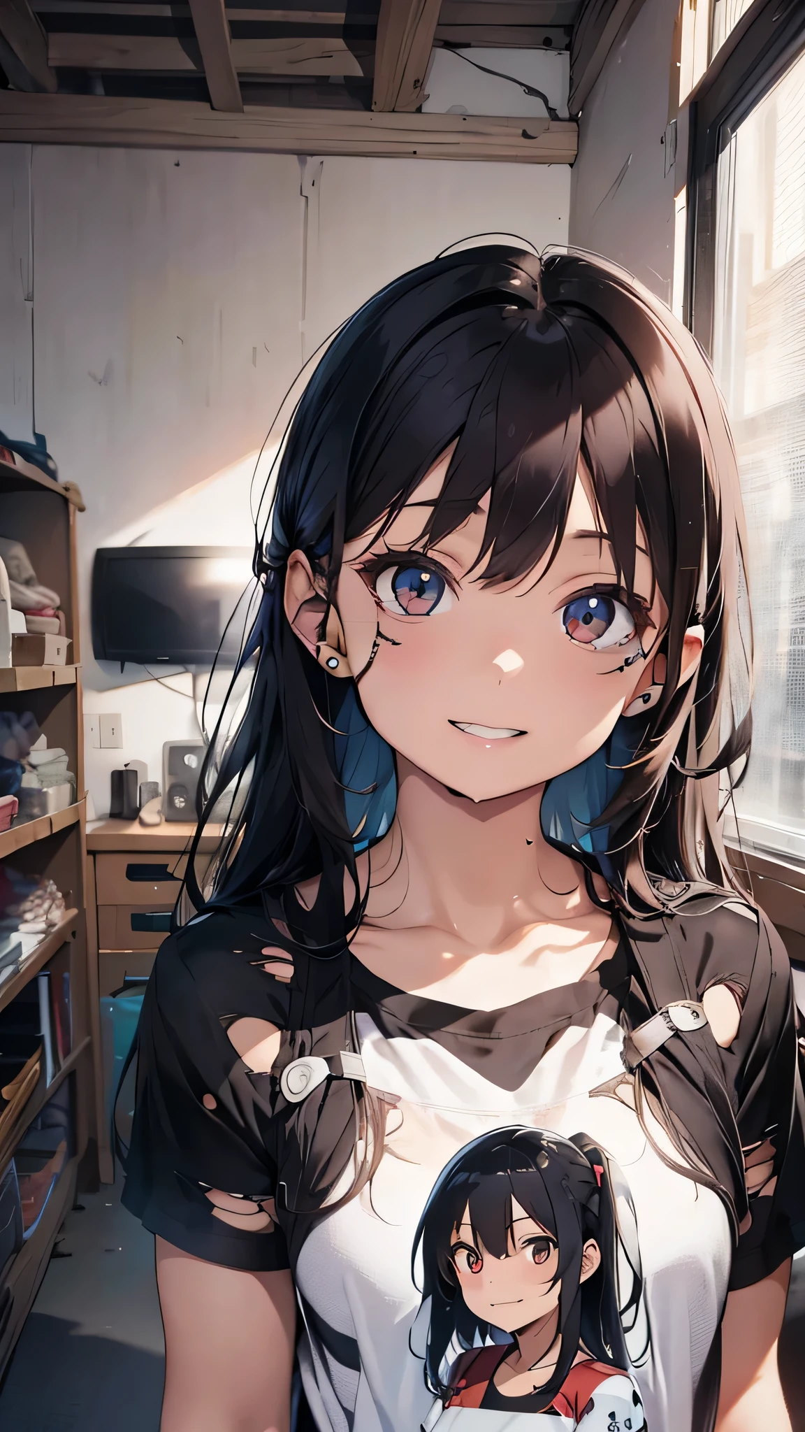 最high quality、Best image quality、masterpiece、age Girl((18-year-old、 By becoming、Best Bust、Medium Bust,Tea that opened my chest wide、black eye, Black Hair、Long Hair、thin,Highest valley、Torn black t-shirt(2:3)、Cute Smile,Torn trousers(2:3)、Service shot)),high quality、Beautiful art、background((studio、White wall、tv set、)),Flying debris、Written boundary depth、movie、Visual Arts、Perfect art、8k,Genuine