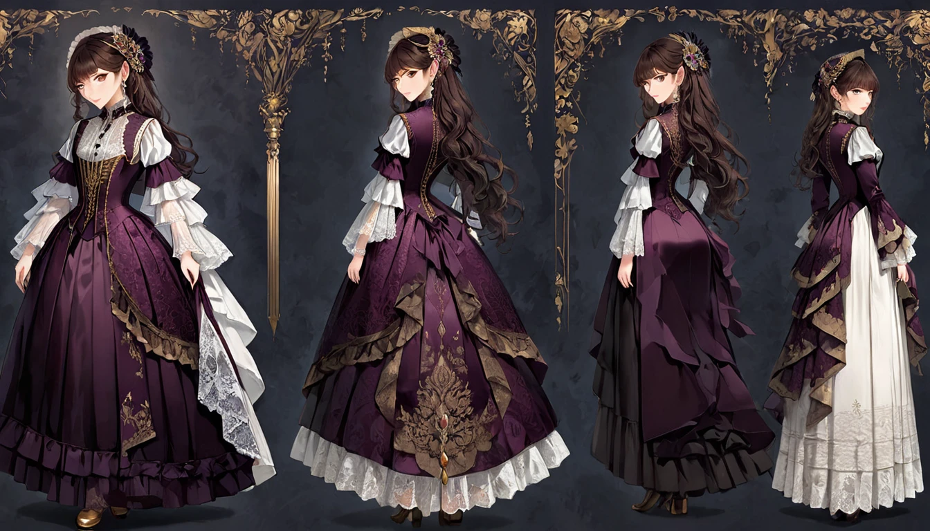 (masterpiece),(highest quality),highres, (extremely detailed) a detailed character sheet of a gorgeous pale aristocratic female elf, full body, curvy long beautiful dark brown hair, glamorous, elf ears, standing and looking down at observer, front and back, no overlapping, each character in a separate frame, piercing gaze, dominant and mysterious look, mysterious and powerful dark brown eyes, Olga Kurylenko, extremely detailed facial features, defined eyelashes, richly embroidered brocade, hyper detailed dress, lace, victorian large hat for women, jeweled dress, silk 18th century dress shoes, burgundy and gold victorian dress, 1700s fashion, renaissance fashion, richly patterned damask, huge frills