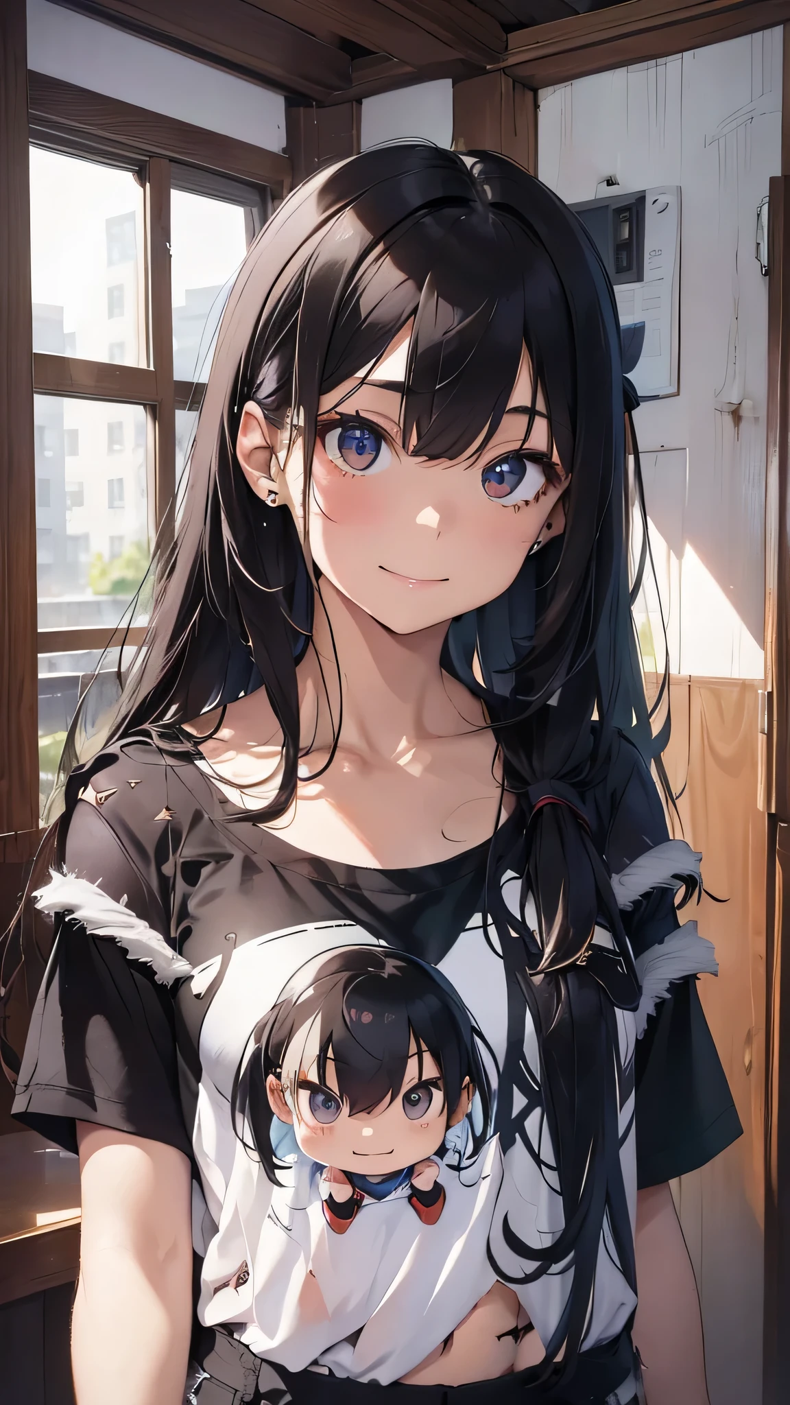 最high quality、Best image quality、masterpiece、Teenage Girl((18-year-old、 By becoming、Best Bust、Medium Bust,Tea that opened my chest wide、black eye, Black Hair、Long Hair、thin,Highest valley、Torn black t-shirt(2:3)、Cute Smile,Torn trousers(2:3)、Service shot)),high quality、Beautiful art、background((studio、White wall、tv set、)),Flying debris、Written boundary depth、movie、Visual Arts、Perfect art、8k,Genuine