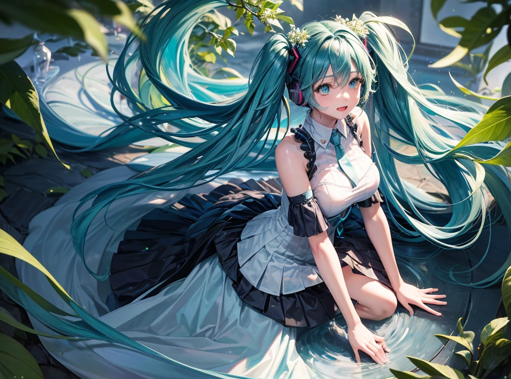 Full-body depiction of a single person、Fantastic depiction、Hatsune Miku singing in a shining blue and green forest、The background is dotted with glowing lilies of the valley and other glowing plants.、Soap bubbles are flying around Hatsune Miku、The costumes are designed with forest elements、The ground is accented with leaves and flowers.、The sunlight from the sky shines on her like a spotlight。Wearing a light blue dress、Anatomically correct body、((Large Breasts))、long slender legs、White skin、Hatsune Miku is reaching out to a little fairy、