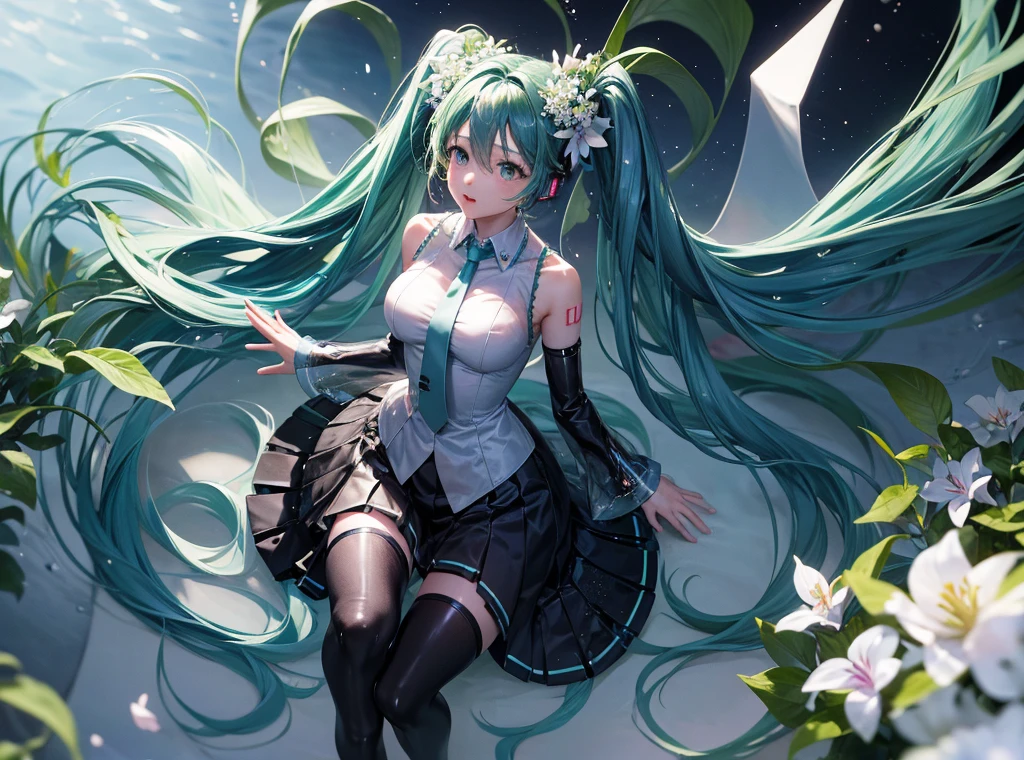 Full-body depiction of a single person、Fantastic depiction、Hatsune Miku singing in a shining blue and green forest、The background is dotted with glowing lilies of the valley and other glowing plants.、Soap bubbles are flying around Hatsune Miku、The costumes are designed with forest elements、The ground is accented with leaves and flowers.、The sunlight from the sky shines on her like a spotlight。Wearing a light blue dress、Anatomically correct body、((Large Breasts))、long slender legs、White skin、Hatsune Miku is reaching out to a little fairy、
