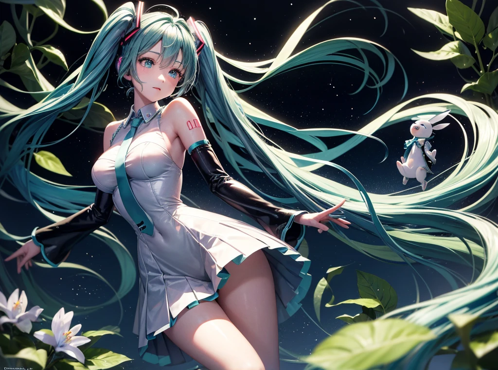 face focus, masterpiece, best quality, 1girl, hatsune miku, white roses, petals, night background, fireflies, light particle, solo, aqua hair with twin tails, aqua eyes, standing, pixiv, depth of field, cinematic composition, best lighting, looking up, symbiote, big breasts, giant butt