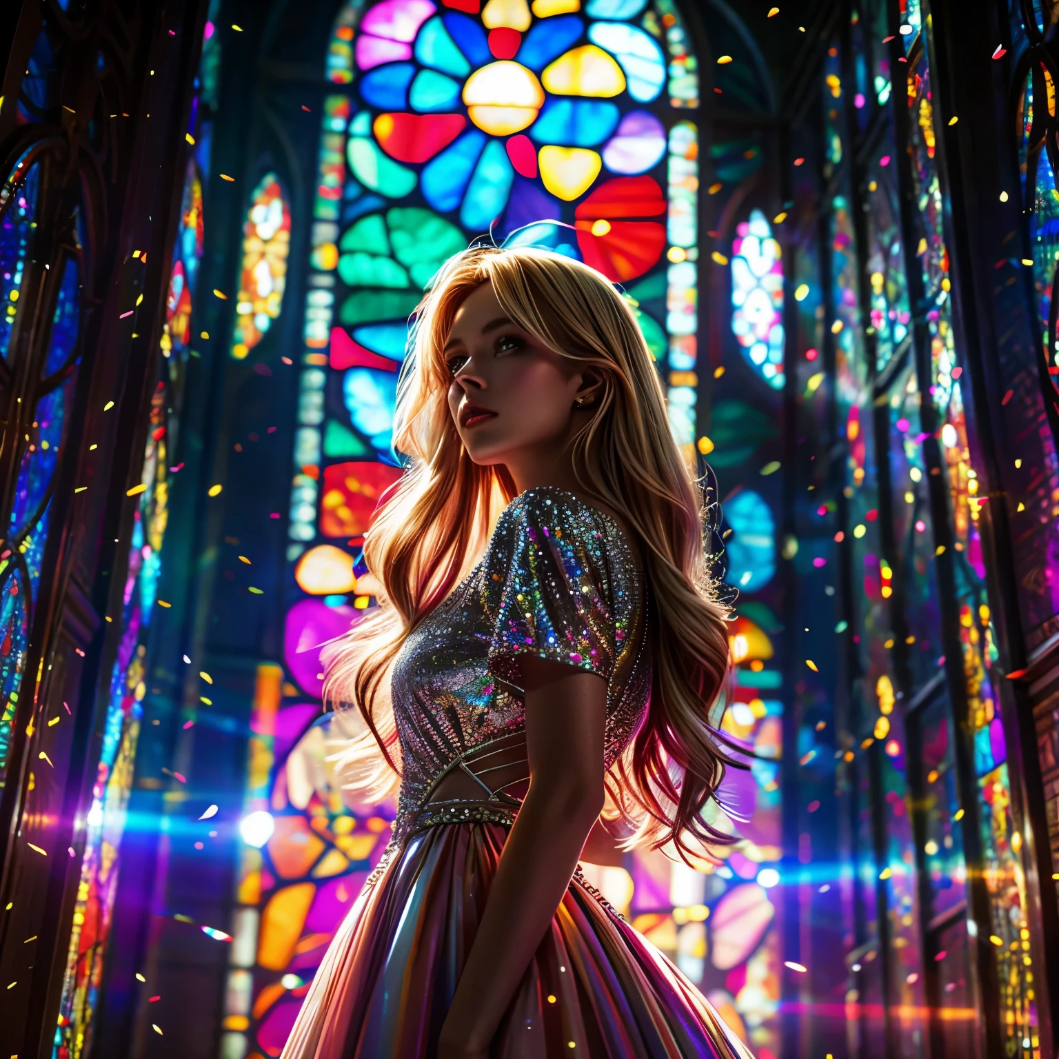 RubyRed (Cathedral from below:1.28) (ZoomLayer) TopQuality 8K masterpiece of ((Professional photo)), (((Clarisse de Cagliostro))) (Detailed White WeddingDresses), Chain, (((Extremely detailed KAWAII face))) {((VeiledFace))|BlondeHair|(Elaborate BuleEyes)with(SparklingHighlights:1.28)}, The background is distant (((Elaborate stained glass))) Rainbow Glass, {(MysticSight)|EnchantingAtmosphere|Haze|(GodRays)|TyndallEffect}, Radiant PearlSkin with Transparency, (Exposed:0.39)
