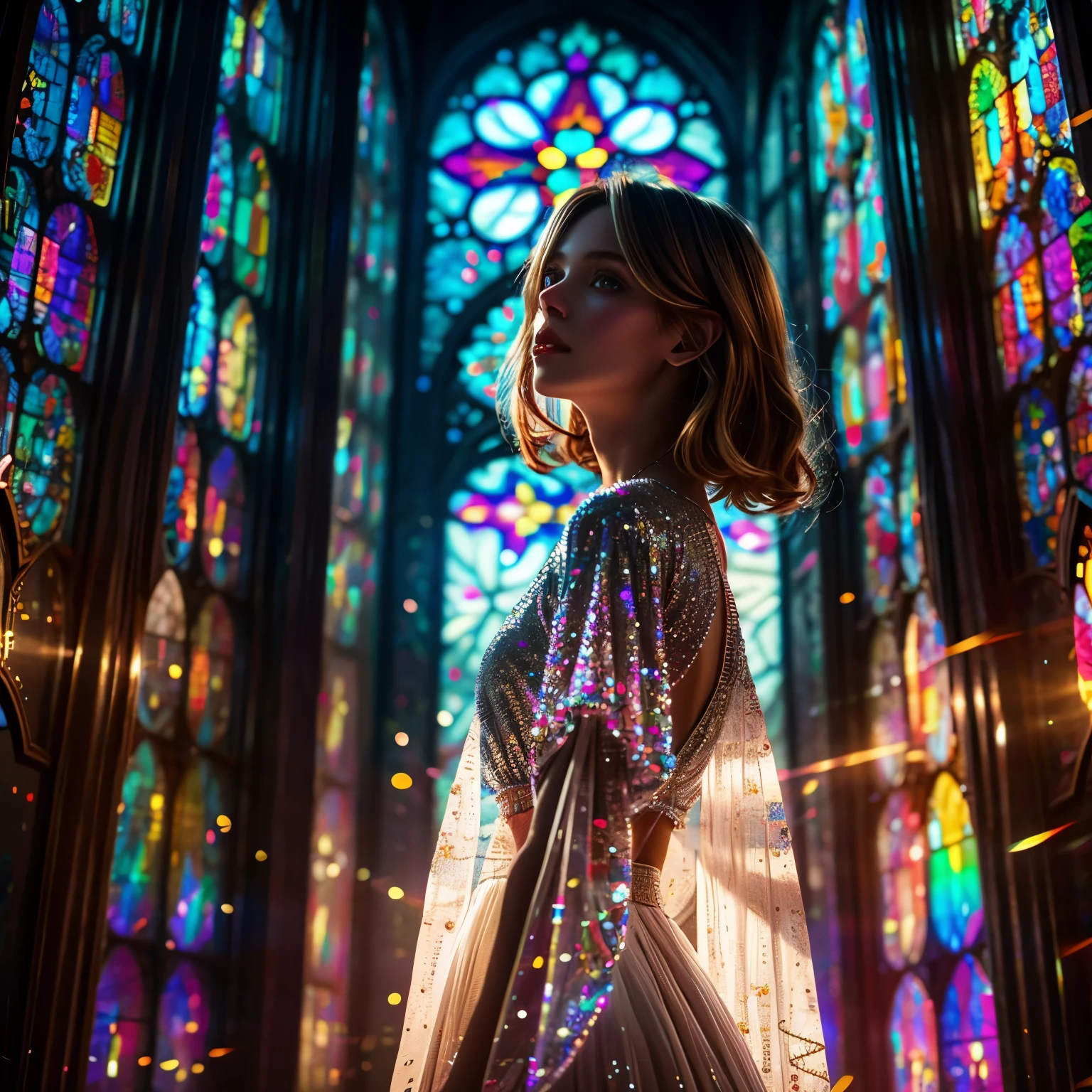RubyRed (Cathedral from below:1.28) (ZoomLayer) TopQuality 8K masterpiece of ((Professional photo)), (((Clarisse de Cagliostro))) (Detailed White WeddingDresses), Chain, (((Extremely detailed KAWAII face))) {((VeiledFace))|BlondeHair|(Elaborate BuleEyes)with(SparklingHighlights:1.28)}, The background is distant (((Elaborate stained glass))) Rainbow Glass, {(MysticSight)|EnchantingAtmosphere|Haze|(GodRays)|TyndallEffect}, Radiant PearlSkin with Transparency, (Exposed:0.39)