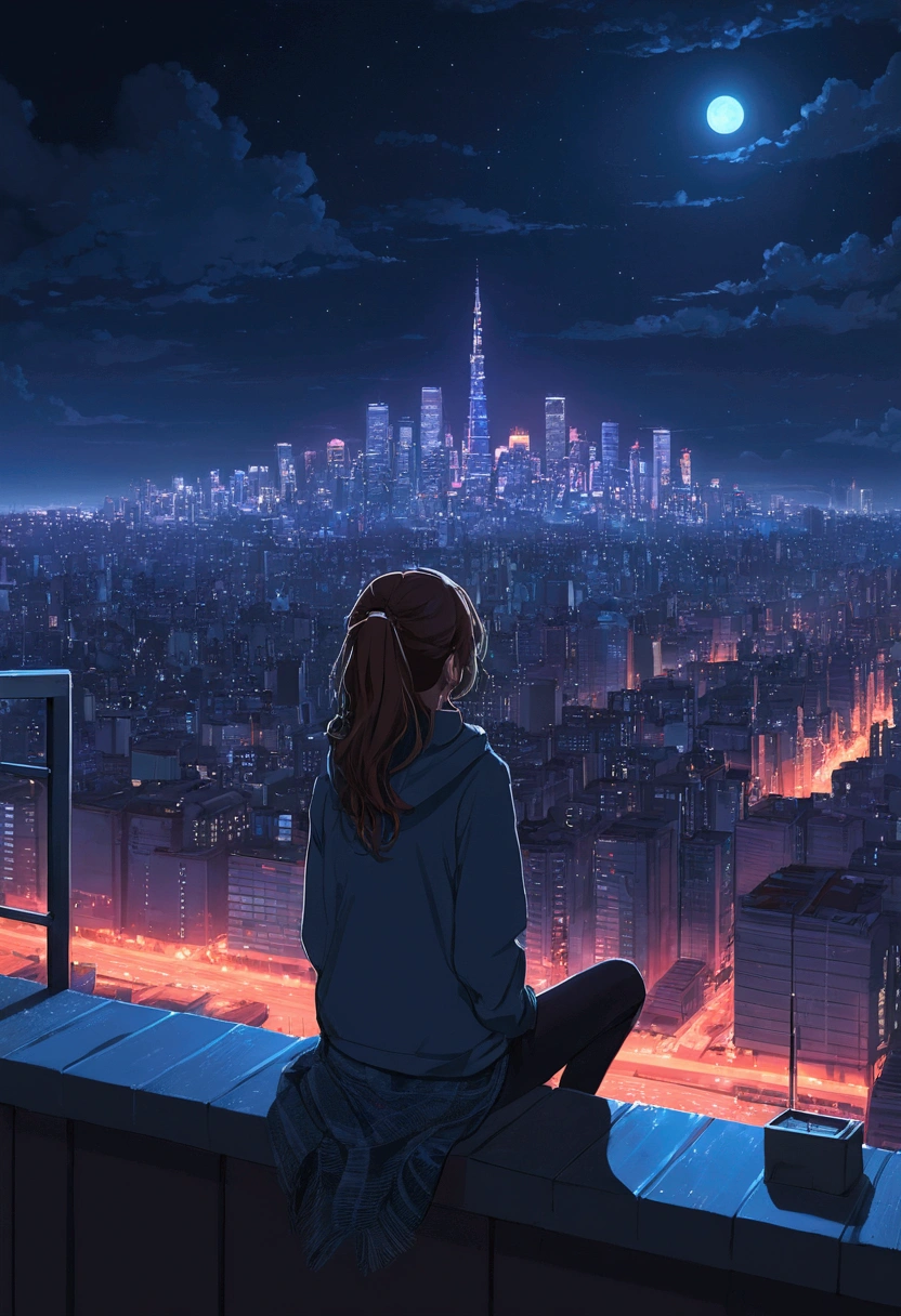 A girl looking at the city at night, Digital Art by Alena Aenami, tumbler, Digital Art, Lo-fi art style, 4KAnime Wallpaper, Sit on the roof, Anime Wallpaper4k, Anime Wallpaper 4k, Anime Aesthetics, anime art wallpaper 4k, Lo-fi feeling, anime art wallpaper 4k, Anime Wallpaper