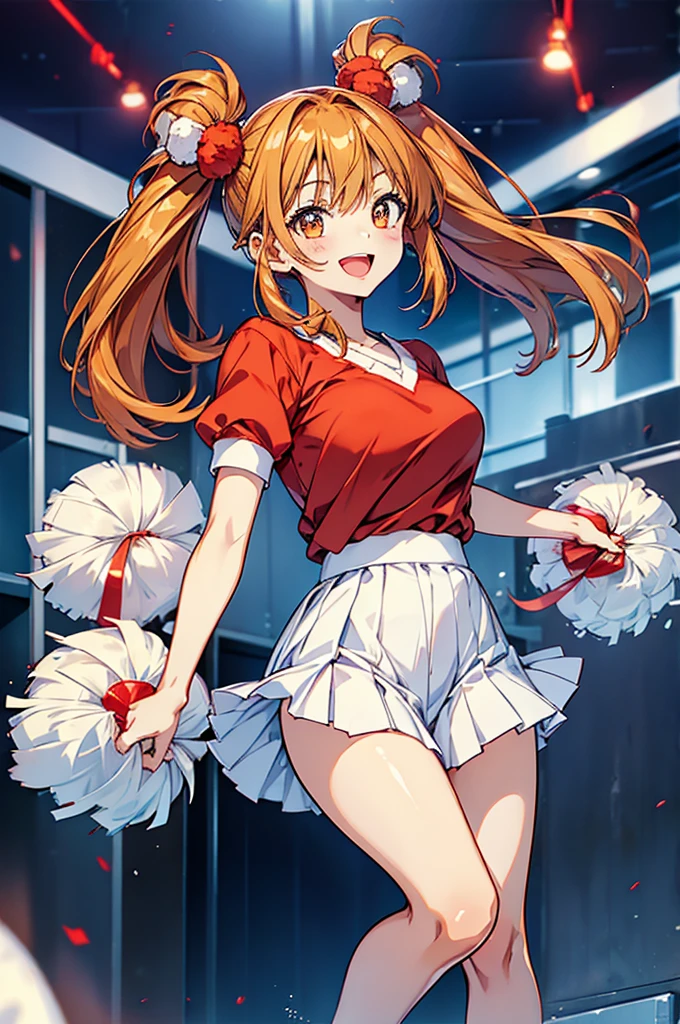 Anime Happy Girl With Elegant Beautiful Face ,with red long wavy hair, braided into two high ponytails; ,with big cheerful green-brown eyes , light freckles on the face , A sweet smile ,lips are scarlet, plump;, Bangs are fashionable in China, depicted in full growth, one arm raised , and one leg is raised , The figure of Getar ,Slim, There are squirrel ears , Squirrel tail , dressed in modern sportswear