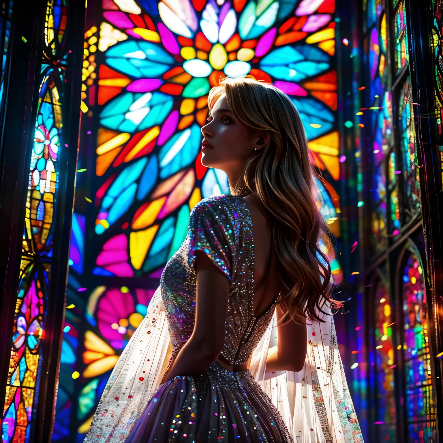 RubyRed (Cathedral from below:1.28) (ZoomLayer) TopQuality 8K masterpiece of ((Professional photo)), (((Clarisse de Cagliostro))) (Detailed White WeddingDresses), Chain, (((Extremely detailed KAWAII face))) {((VeiledFace))|BlondeHair|(Elaborate BuleEyes)with(SparklingHighlights:1.28)}, The background is distant (((Elaborate stained glass))) Rainbow Glass, {(MysticSight)|EnchantingAtmosphere|Haze|(GodRays)|TyndallEffect}, Radiant PearlSkin with Transparency, (Exposed:0.39)