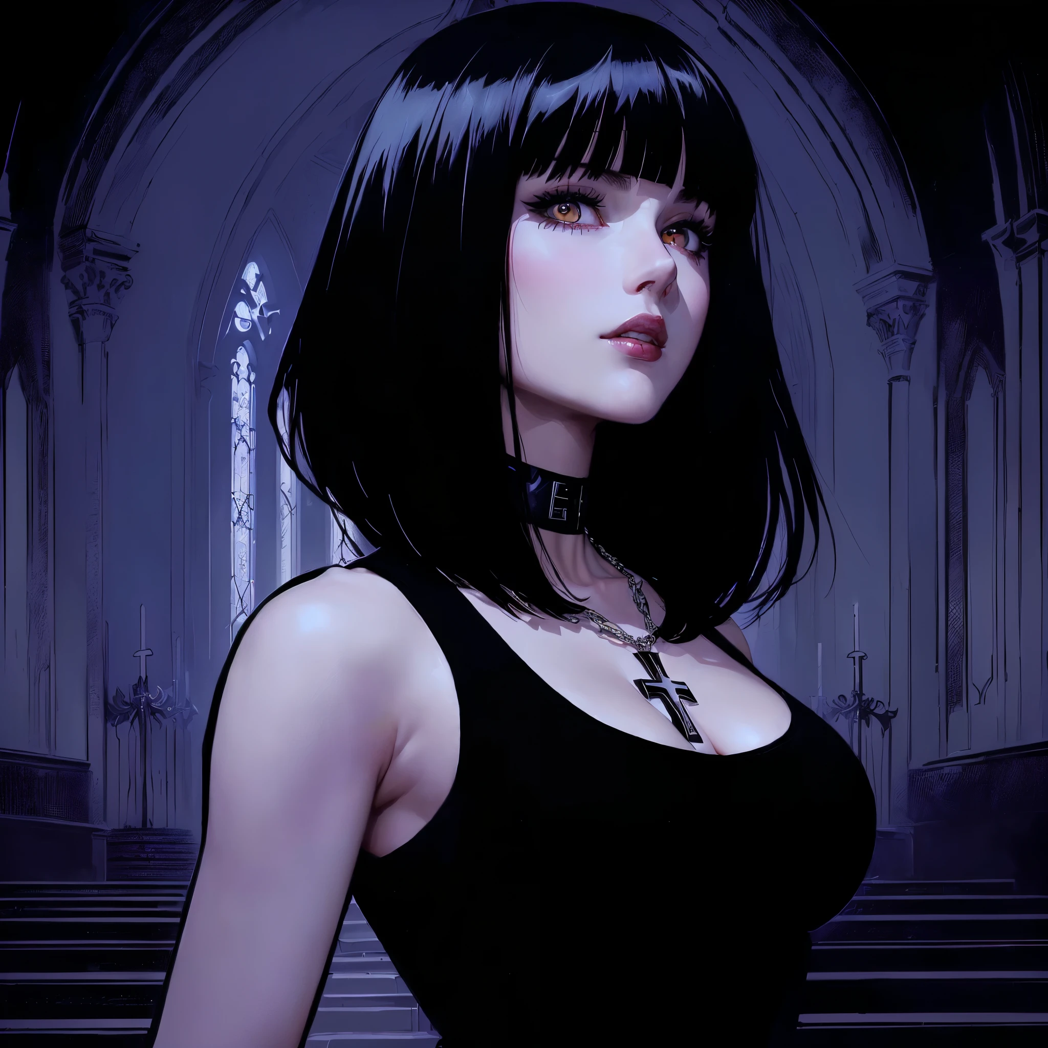 a close-up of a woman with a cross on her chest, big boobies, She has black hair with bangs, Adam Hughes, behind her a white color, gothic maiden anime girl, gothic woman, 1 7 - year - old anime Gothic girl, Chris Bachalo, style of charlie bowater, raven black hair, kate bishop, Beautiful vampire, Gothic girl face