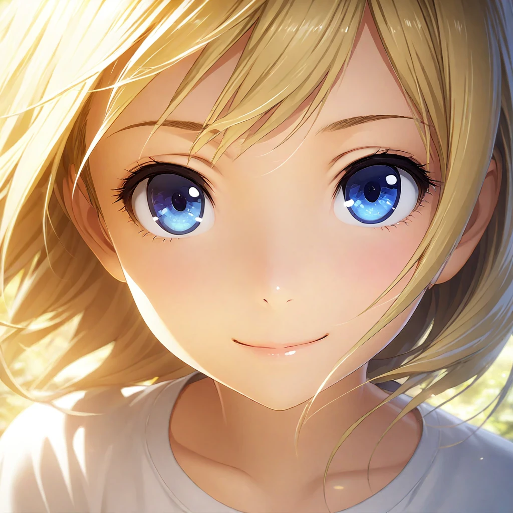 portrait, Practical, blue eyes, Blonde hair, Mid-chest, 4K resolution, High quality CG, Beautiful CG, Soft Light, Octane Rendering, white t-shirt, closed-mouth, smile, wide angle, front, direct gaze, frontal view, headshot