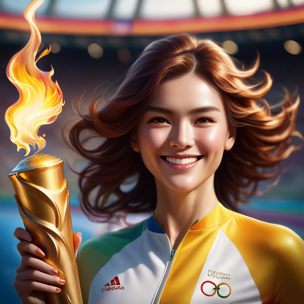 Woman holding the Olympic torch、smile、gratified、masterpiece、Photorealistic、8k、Hyperrealistic、Very detailed、Intricate details、Bright colors、Dramatic lighting、Dynamic pose、Athlete-like figure、Intense expression、Flowing Hair、Olympic Stadium in the background、Cinematic composition
