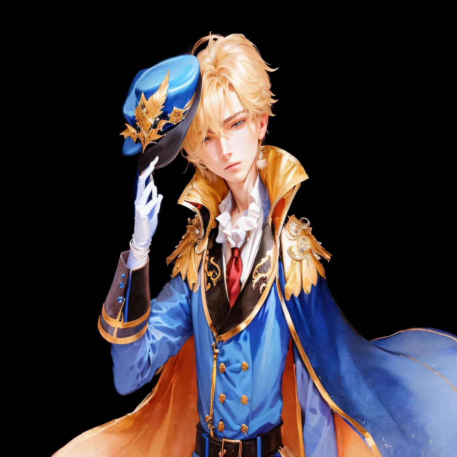 Wearing a blue cape and hat、Anime character holding a bird, Portrait of the Magical Blonde Prince, Beautiful androgynous prince, Inspired by Le Chevalier, A delicate androgynous prince, Machiavelli&#39;s Puppet Master, okita sougo, Tall anime guy with blue eyes, [[[[smile wickedly]]]], Anime boy with orange hair, 