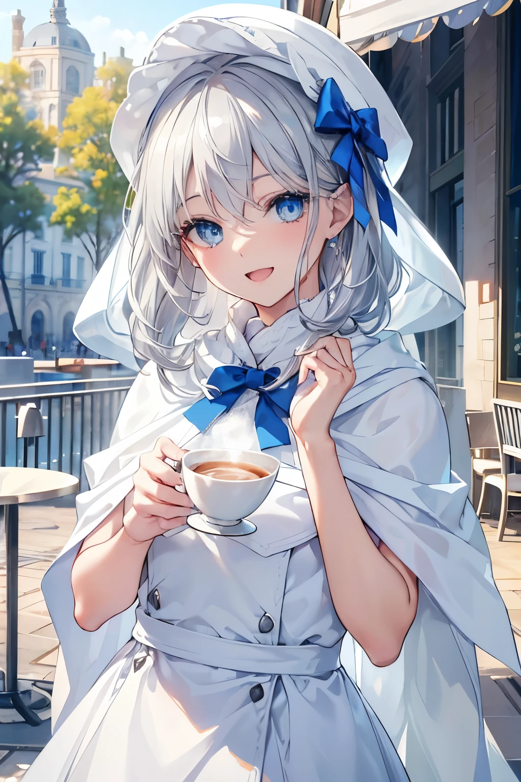 (Best quality,4K,8K,High resolution,Masterpiece:1.2),Super detailed,(Actual, Realistic),
break,
((Beautiful clear blue eyes:1.2)),very kind eyes,eyes wide open,beautiful eyelashes,beautiful lower eyelashes,
break,
((Beautiful and shiny silver hair:1.3)),A dazzling smile, a bursting smile, an open mouth laugh,
break,
Short sleeve white dress shirt,blue bow tie,stylish white hat,blue skirt,((white shawl:1.3)),
break,
very happily,((bust shot)),zoom in,((stylish cafe terrace:1.3)),cappuccino