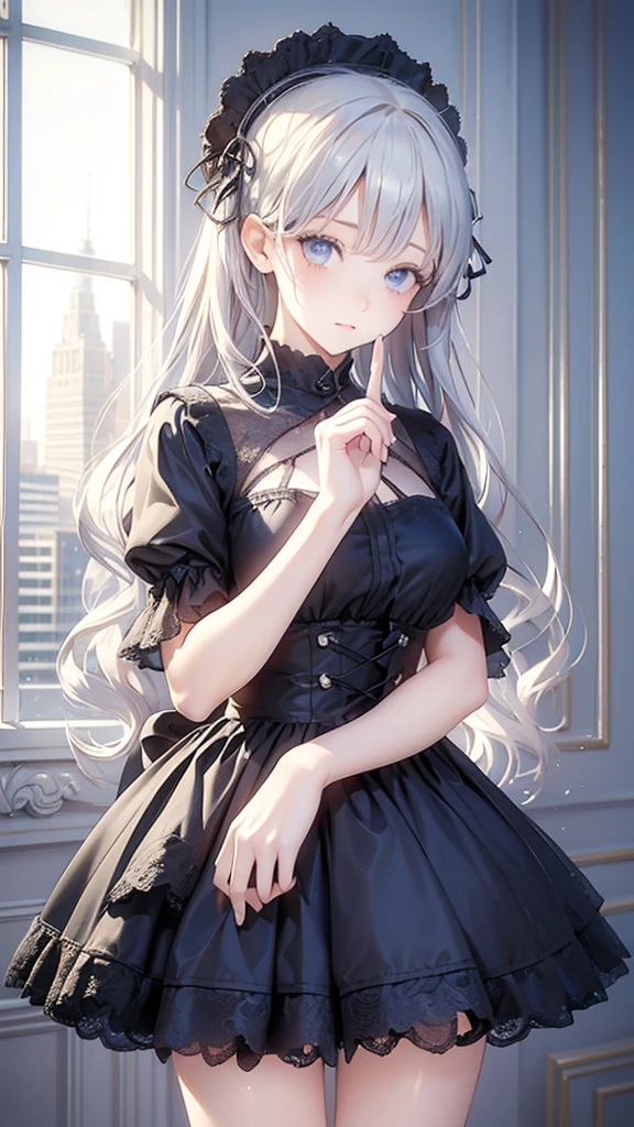 ((masterpiece)), (Highest quality))), (Character design sheet), (Realistic, Intricate details, Depth of subject),一人のgirl, whole body, Silver Hair, Beautiful Eyes, (Very delicate and beautiful face), (細部までBeautiful Eyes),Princess Cut, Environmental change scene, Short skirt, Shyness, woman, girl, Are standing, Gothic Lolita, ( masterpiece:1.2), (Highest quality:1.3)