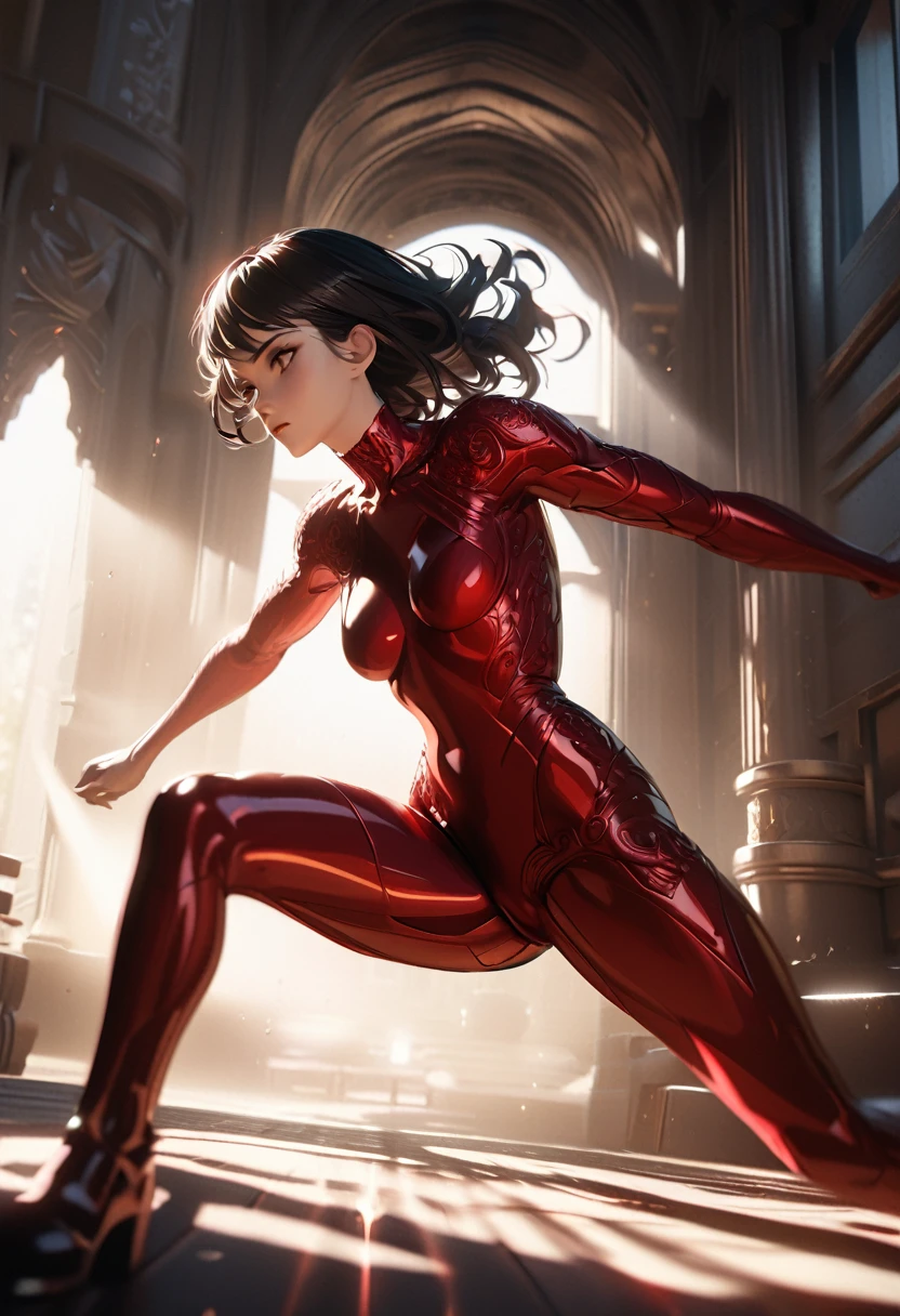 a beautiful woman with long black hair, red bodysuit, dramatic lighting, cinematic, highly detailed, 8k, photorealistic, intricate details, chiaroscuro lighting, moody atmosphere, dynamic pose, dramatic shadows, striking colors, vivid and lifelike, masterpiece, cinematic quality, professional 3d render