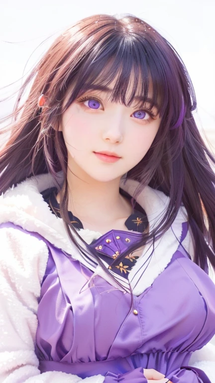 girl with purple eyes and long hair wearing a purple dress, hinata hyuga, iwakura lain, moe artstyle, hinata hyuga from naruto, style like fate/stay night, marin kitagawa fanart, style portrait, gapmoe yandere, close up iwakura lain, visual of a cute girl, in an style