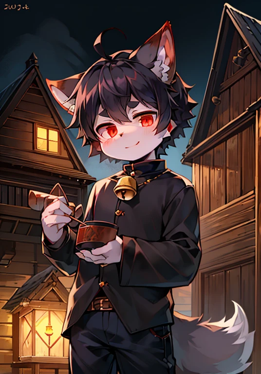 Wooden house,short hair,Black Hair,ahoge,Red eyes,Handheld Cauldron,Bell,hairy,Wolf ears,Smile,No spots,Cub,Wolf ears、Wolf Type,Big fluffy tail,masterpiece,High-quality portraits,doll,Cub、Wizard Boy、wind,Black clothes,Black pants,Super cute face