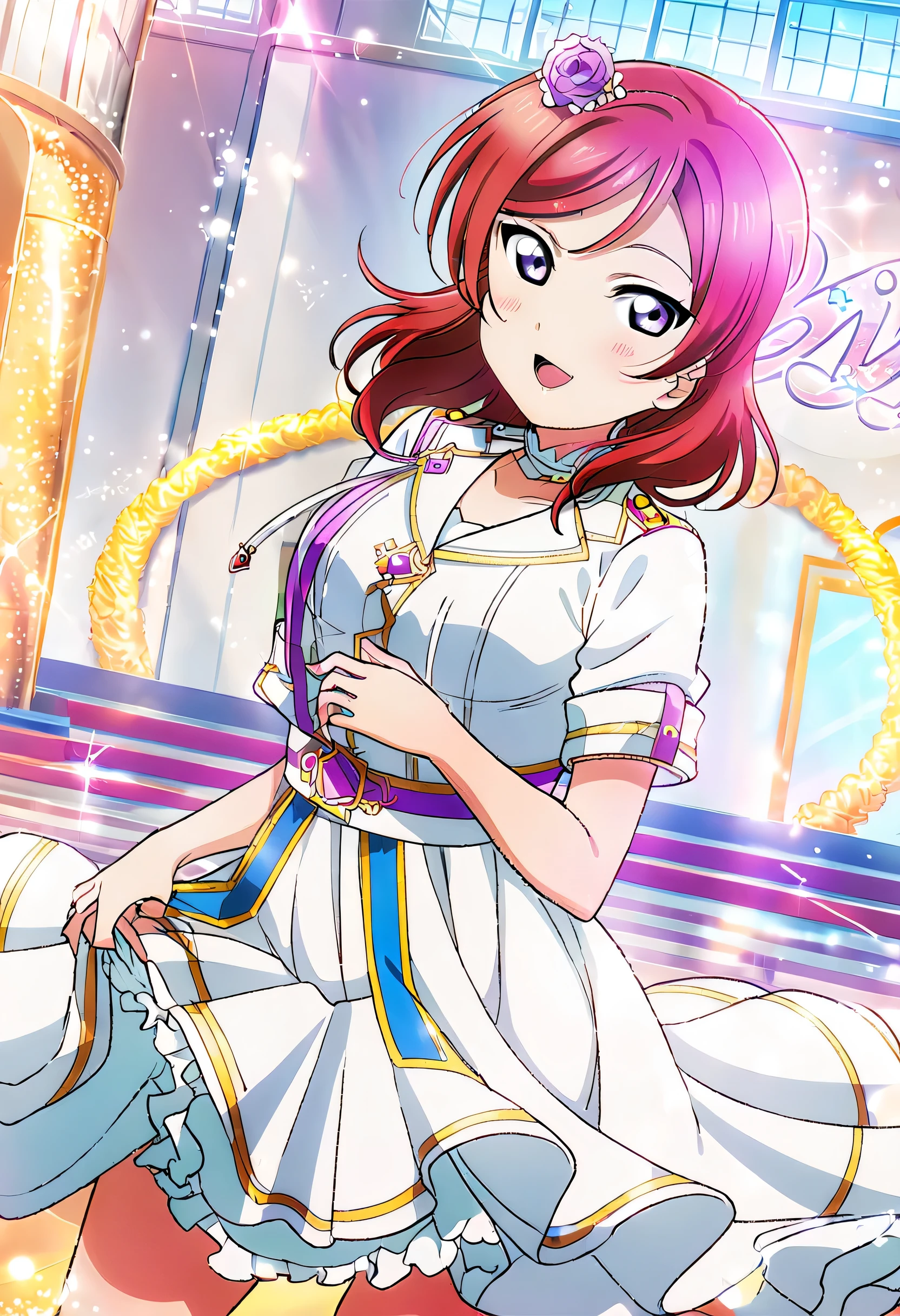 ((best quality, 8K, masterpiece: 1.3)), Anime girl with purple hair and blue eyes in white dress, Purple eyes and white clothes, Attractive anime girl, Otegawa Yui,id_maki_nishikino