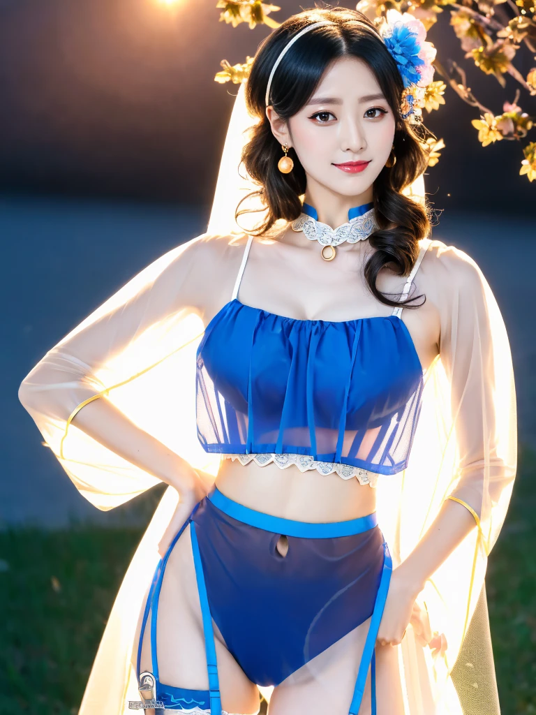 A Chinese female racing model,((night),(moonlight),(Fall),(Rainy Scene)), (8K Ultra HD, Digital SLR Camera, Soft Light, high quality, Volumetric Lighting, frank, photo, high resolution, 4K, 8K, Bokeh), ((((The same face as the coser))), (Create stunning images of real girls), warm light, Realistic shadows, Dynamic poses, Elegant Posture, Cowboy lens,  Facing the camera，Looking confident from the front，Be confident, Body facing the camera, Standing facing the camera, Open your legs slightly, Golden Ratio Graphics, Minimalism), (Show a charming smile, Willow Leaf Eyebrows, big eyes, Apricot eye prick, Cherry Blossom, Balanced Eyes, Oval face, Pretty Face, Normal facial features, Skin is transparent and visible, Delicate skin, Slim body, cosmetic, earrings, bracelet, necklace, Jewelry, veil, Hair accessories, Headdress), ((beautiful hair), black hair, Wavy curly hairstyle, Waist-length hair, Messy Hairstyle, Gradient hairstyles, Cyberpunk hairstyle), ((Transparent clothes：1.5), (The color of the clothes:blue), Transparent Clothes, See-through clothes, Transparent Clothes, Tulle clothes, Mesh clothes, Transparent and flowing Hanfu, Sheer lace bodice), (Sexy, Perfect breast shape, Teardrop chest shape, Snow-white breasts, very detailed breasts, 34E cup), (Super high waist,(Camel toe, High fork strangulation)), (sock, Knee socks, 吊garter, Leg ring, garter, 腿部garter)