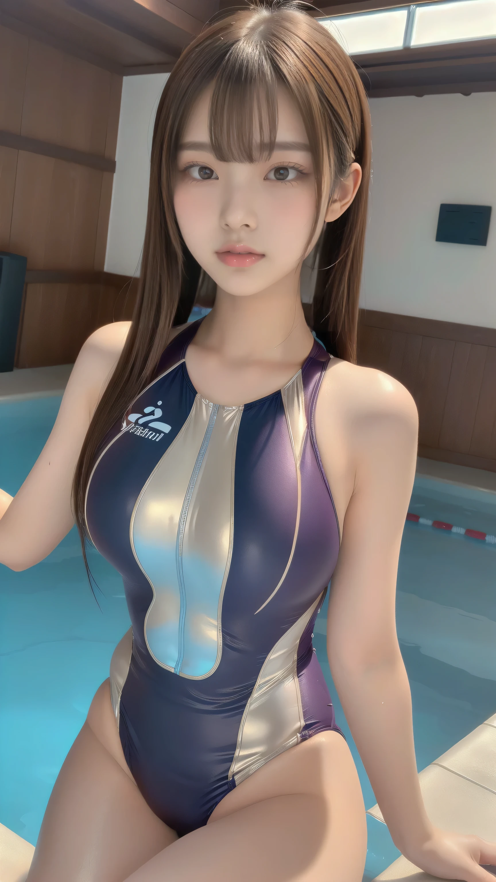 (Indoor swimming pool, Indoor swimming poolサイド), (Highly detailed skin, Beautiful realistic face, White skin, Pointed Chest, Small nipples, Perfect Anatomy, Realistic eyes, Natural Eyes, Brown eyes, Accurate eye focus, Accurate limbs), (Hyper Realist, Ultra-realistic, 4K, Attention to detail, Ultra-high resolution, Highest quality, masterpiece, Presence, dynamic, Uplifting, bold, Sharpness), (Thinning hair:2, Soft Hair:2, Straight hair:1.5, Long, slicked bangs, Light copper amber hair, Hair on one eye, Twin tail hair), (Wearing a competitive swimsuit:1.5), The shine of competitive swimsuits, Metallic competitive swimwear, Metallic Racing Swimsuit, ((Metallic high leg swimsuit)), Metallic School Swimsuit, ({Metallic red color| Metallic purple color| Metallic white color| Metallic navy color| Metallic pink color| Metallic gold color| Metallic silver color| Metallic black color| Metallic colors}Swimsuit color), (Big Breasts:1.5), Tall, Small waist, Elongated arms and legs, Small hips, ((On all fours, Doggy style, Slouching, Lifting the hips, Protruding hips)), Emphasize the hips, The swimsuit is digging into her buttocks, smile, Full body portrait, Photograph the whole body, Put your chest close, Accentuate your breasts, Looking into the camera,