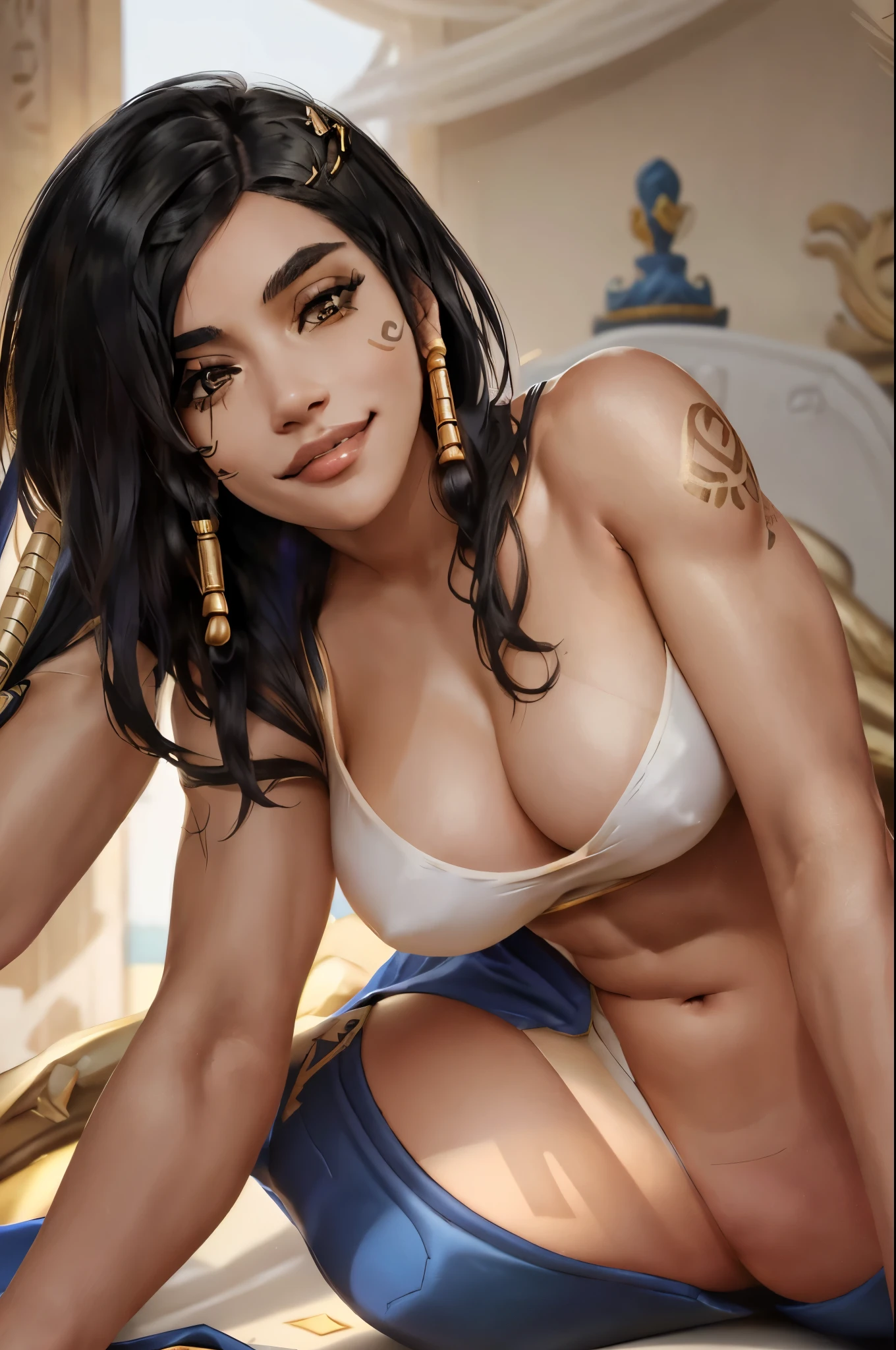 masterpiece of beautiful Egyptian queen, ((laying on her side)), Pharah from Overwatch, curvy thick body , tanned skin , black braided hair, golden accessories, jewelries, egyptian crown, cheek tattoo, muscular body shape , nude, white nuisette , seductive look , provocative grin