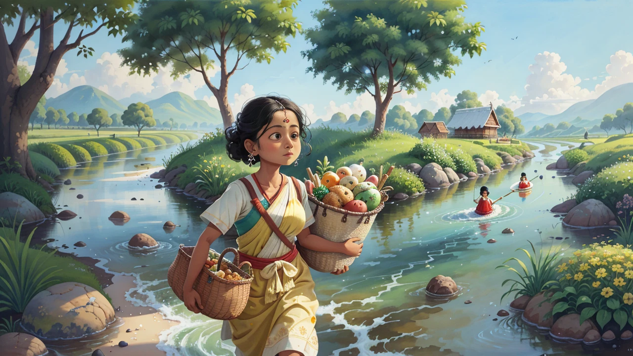 a painting of a woman carrying a basket of food, traditional art, traditional painting, inspired by T. K. Padmini, traditional drawing style, by T. K. Padmini, water painting, water color painting, painting of beautiful, she is walking on a river, water color on paper, inspired by Thota Vaikuntham, inspired by Raja Ravi Varma