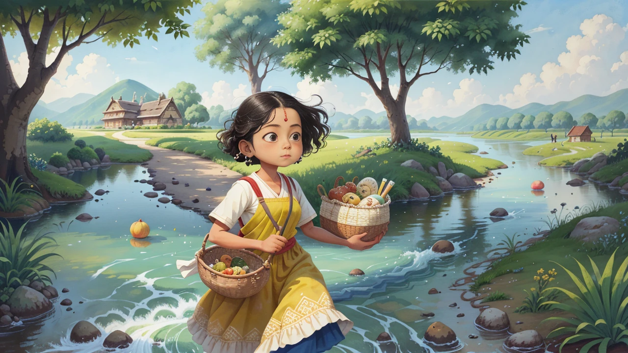 a painting of a woman carrying a basket of food, traditional art, traditional painting, inspired by T. K. Padmini, traditional drawing style, by T. K. Padmini, water painting, water color painting, painting of beautiful, she is walking on a river, water color on paper, inspired by Thota Vaikuntham, inspired by Raja Ravi Varma